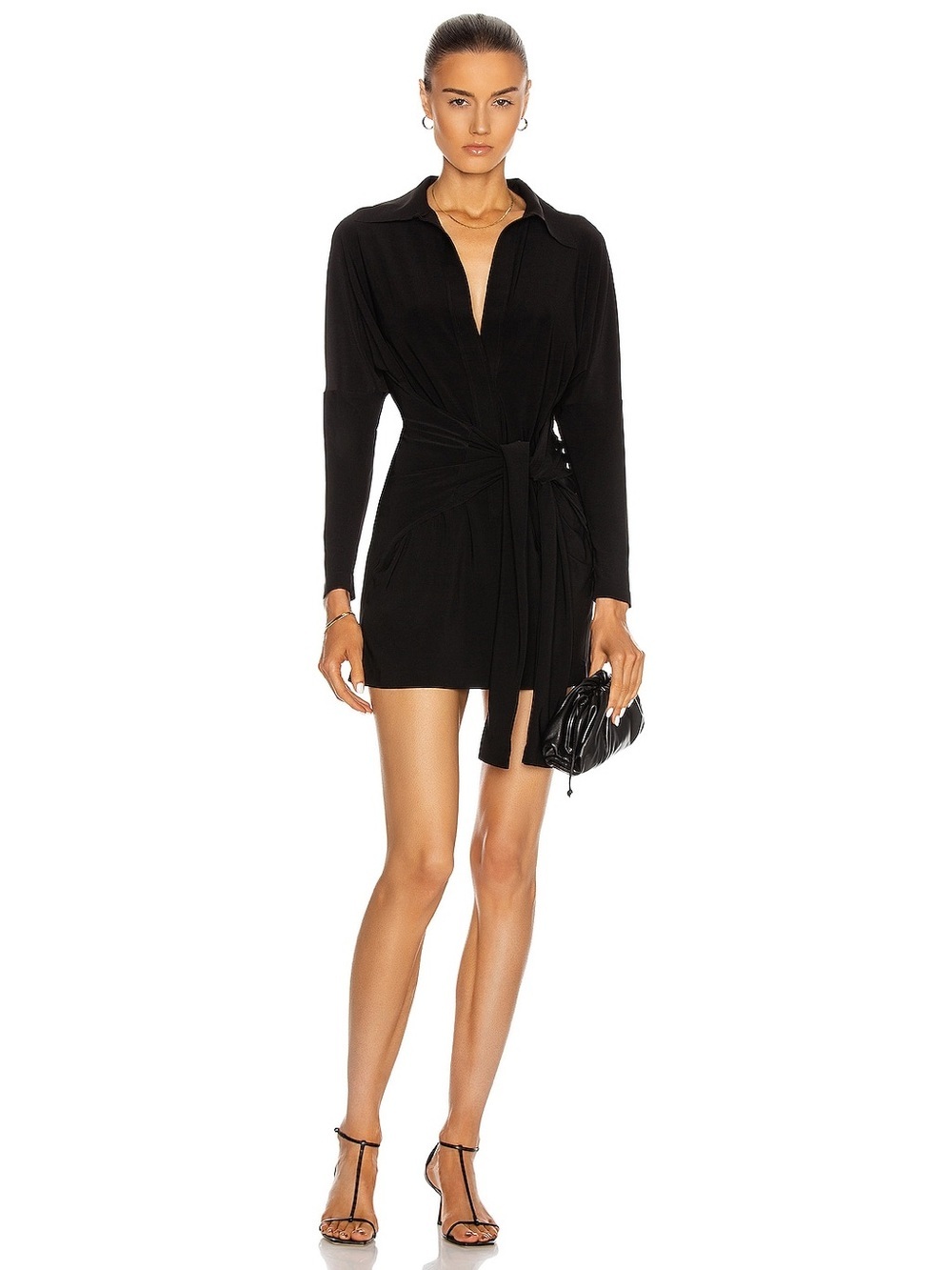 Norma Kamali Black Tie Front Draped Mini Dress Long Sleeve L